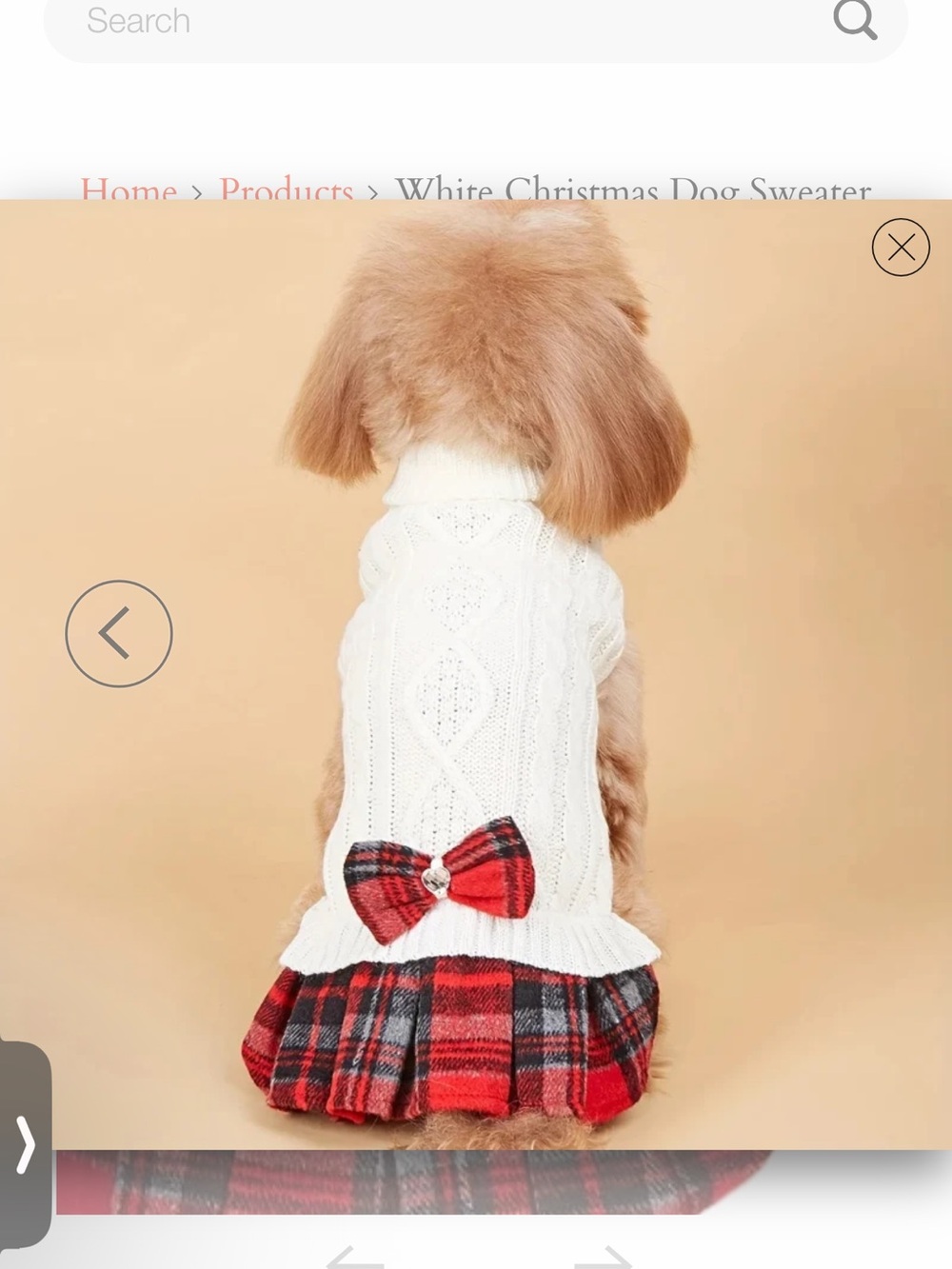 White Cable Knit Dog Sweater Dress with Red Plaid Bow